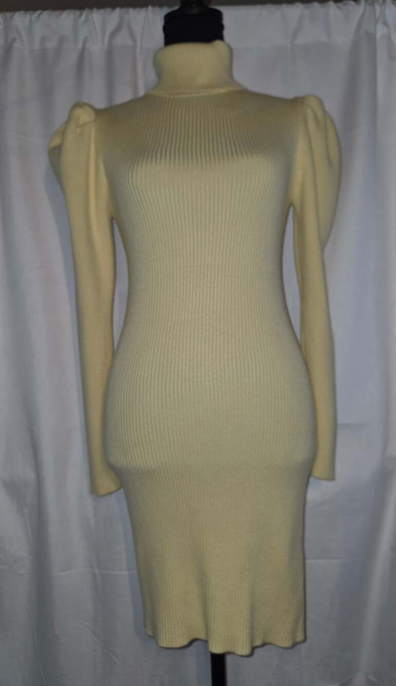 Zara Yellow Ribbed Turtleneck Puff Sleeve Midi Sweater Dress Size M